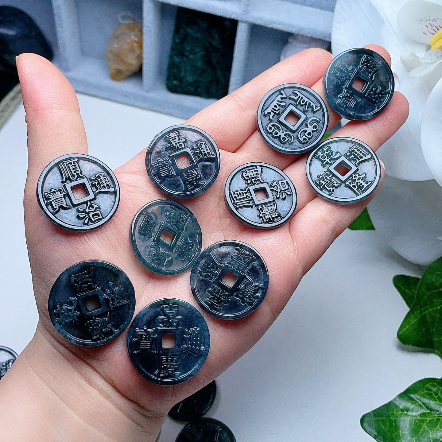 A货翡翠五帝钱吊坠灰黑蓝绿天然老坑铜钱挂坠意境百搭吉祥如意