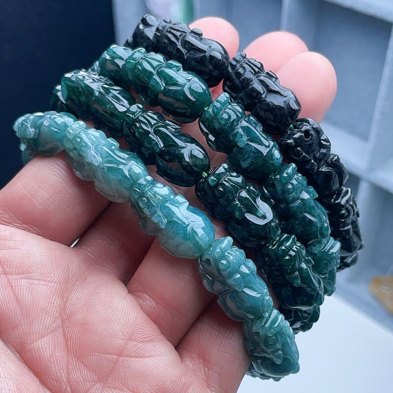 A货翡翠晴水蓝绿乌鸡貔貅手链天然老坑皮丘手串吉祥如意幸运百搭