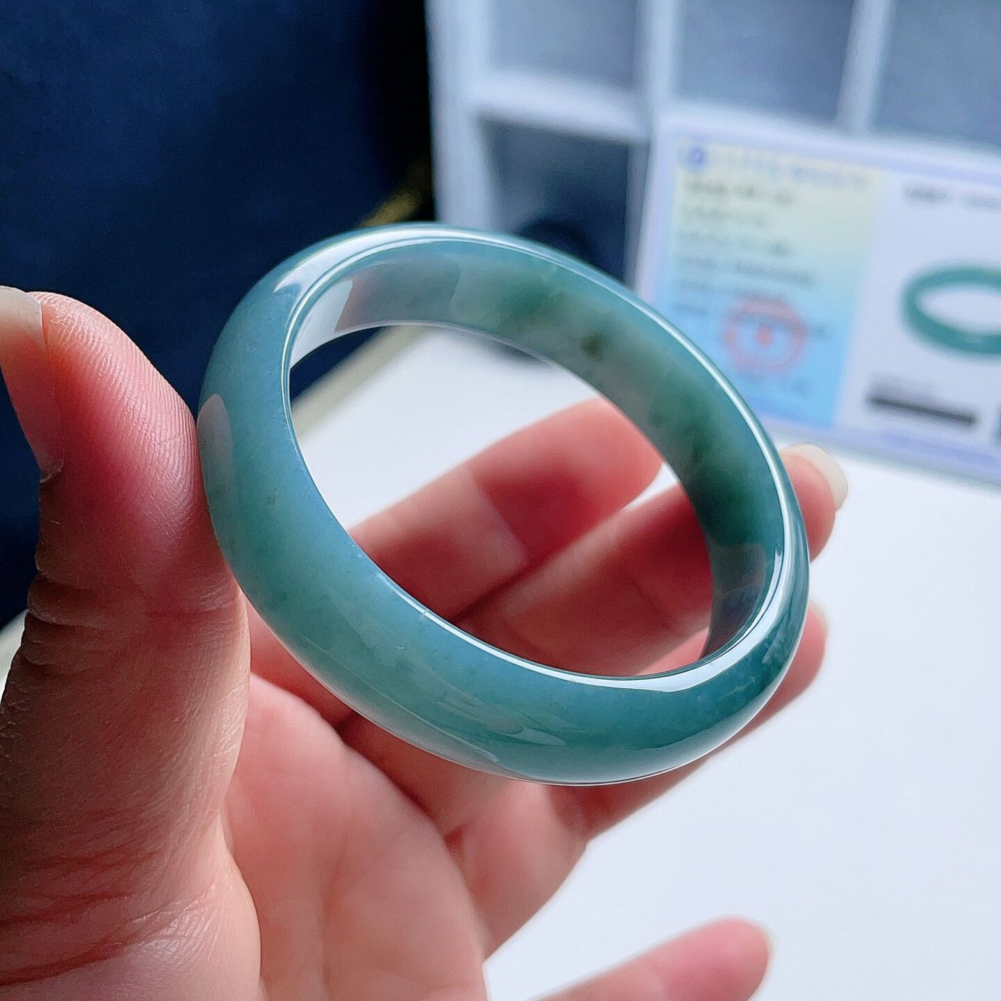 A货翡翠宽边手镯蓝水蓝绿飘花50.5mm天然老坑玉镯意境优雅幸运圈