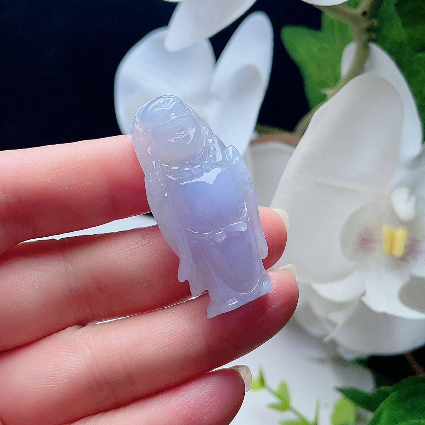 天然翡翠立体弥勒佛乳白淡淡紫