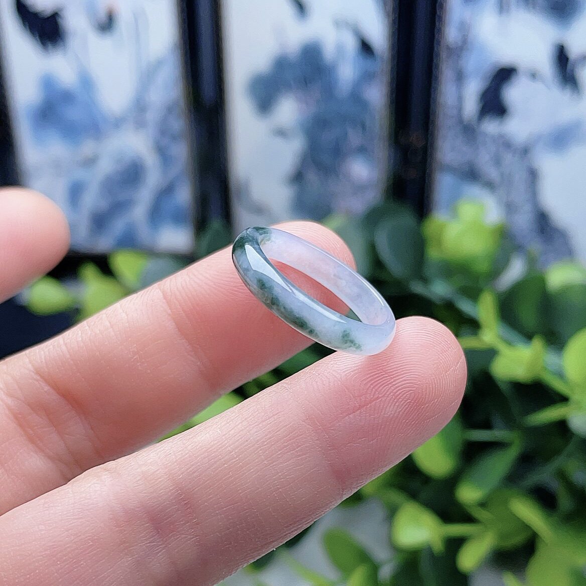 冰飘花戒指天然翡翠A货蓝花戒圈超薄跑环16.6mm指环13#玉戒