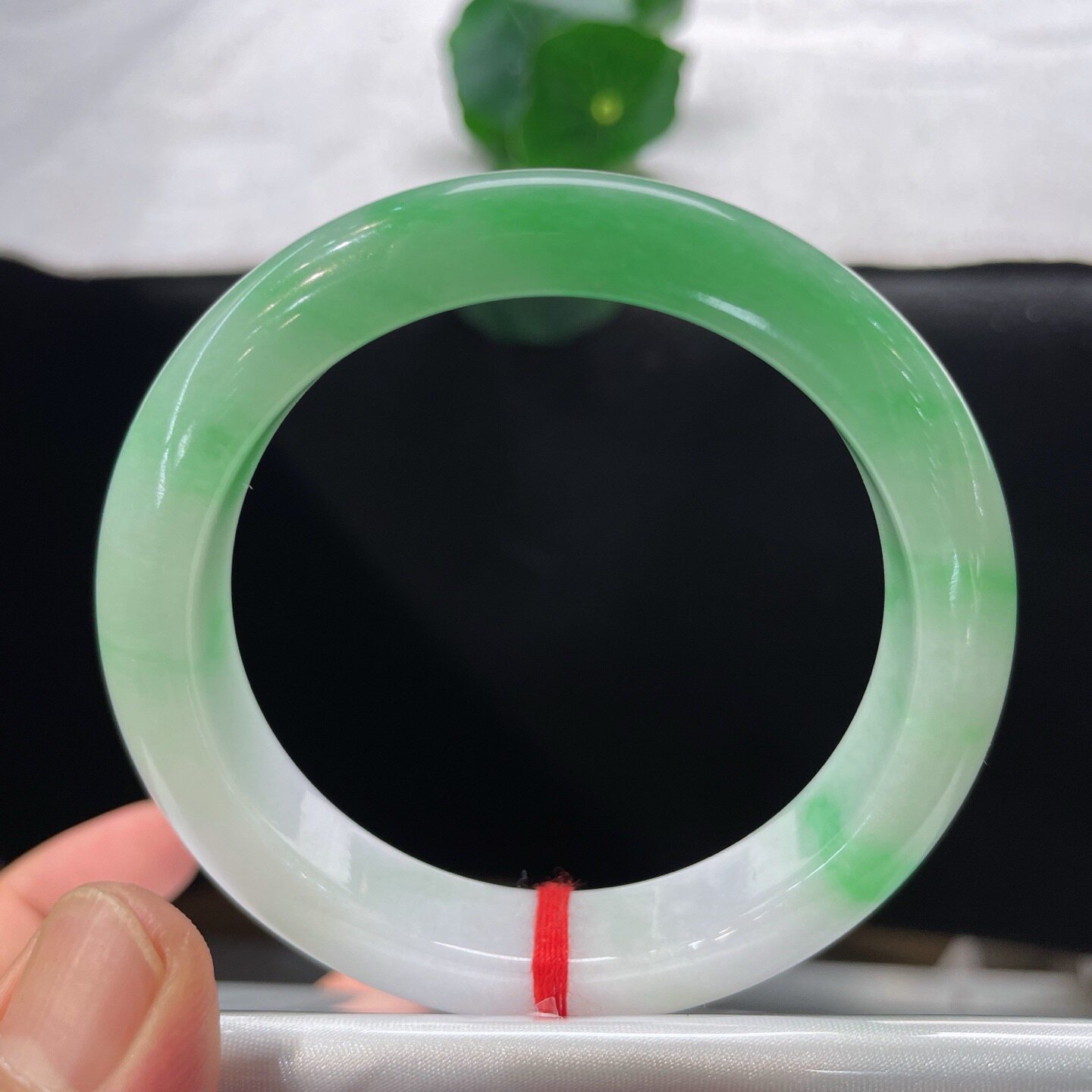 天然A货翡翠手镯乳白飘绿花56.6mm缅甸老坑玉镯幸运圈白底青镯子