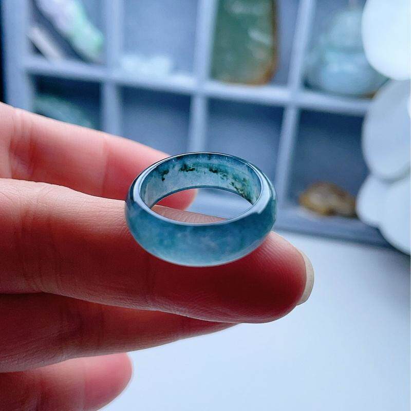 A货翡翠冰种烟紫天空海蓝绿戒指18.1mm天然老坑飘花宽边指环17#