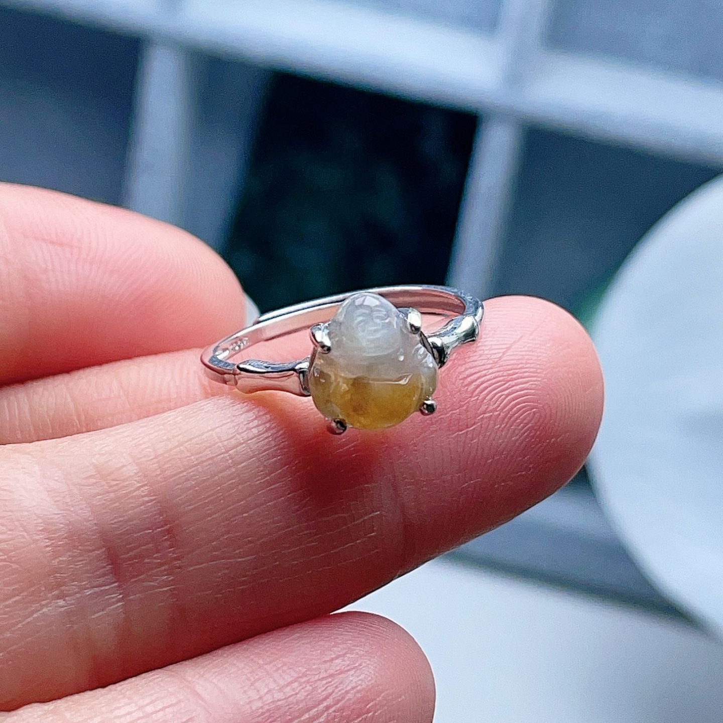 天然翡翠迷你弥勒佛戒指乳白黄