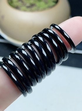 天然翡翠A货墨翠戒指黑色大尺寸细边指环细条特色秀气美人条玉戒