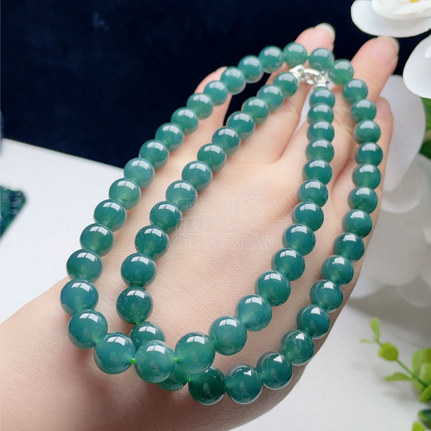 A货翡翠老种圆珠项链蓝水蓝绿10mm天然老坑珠链意境清新优雅百搭