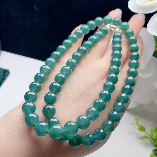 天然翡翠圆珠项链蓝水蓝绿清新