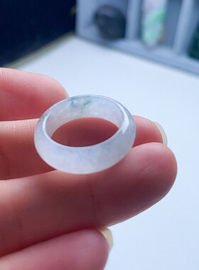 天然A货翡翠宽边戒指乳白飘花17mm缅甸老坑玉指环意境清新儒雅14#