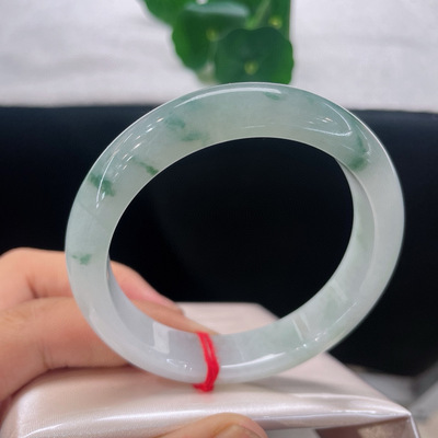 A货翡翠手镯飘花56mm缅甸天然老坑玉镯正圈晴水镯子清新淡雅百搭