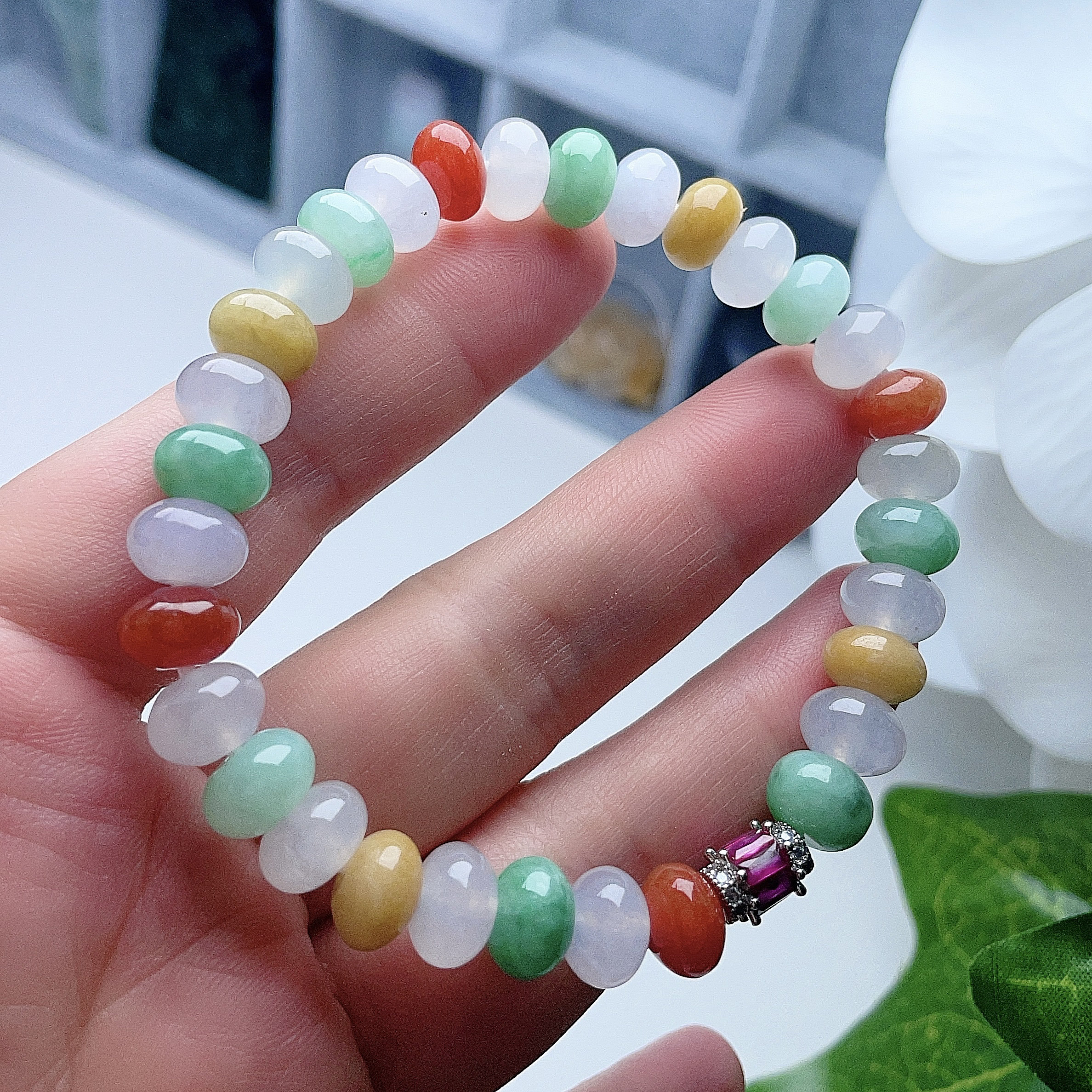 天然翡翠算盘珠手链黄绿白福禄寿