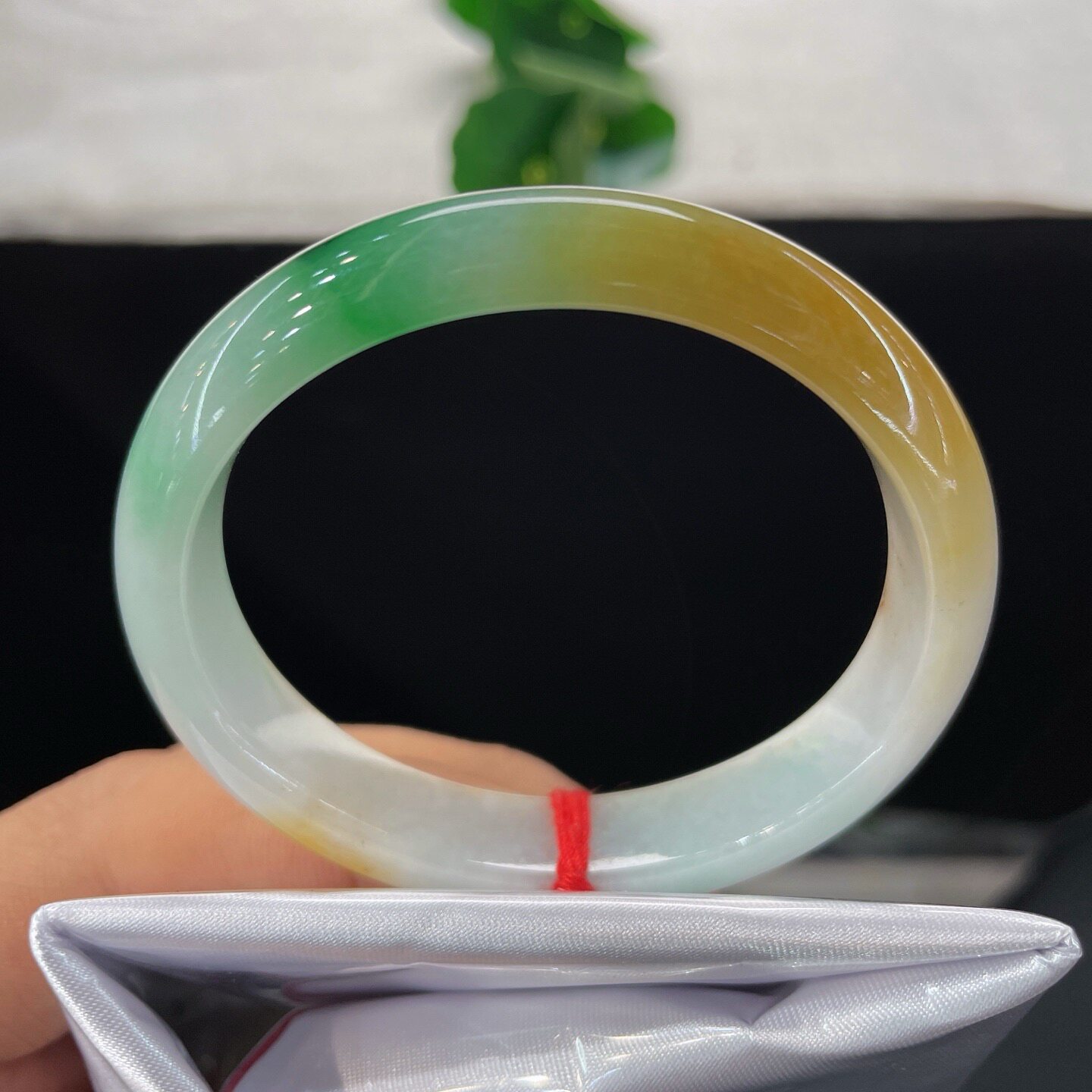 天然A货翡翠手镯三彩辣绿飘花53mm缅甸老坑玉镯白底浅绿飘黄手环