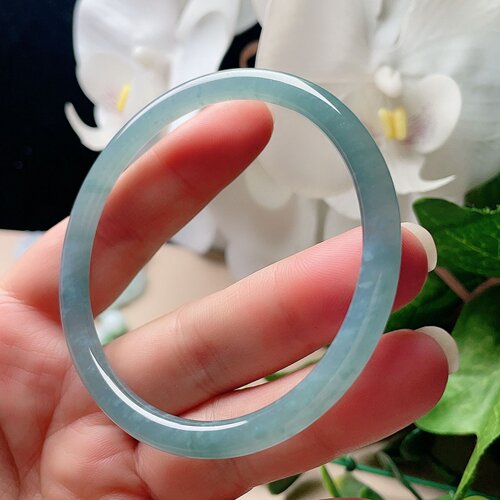 天然翡翠冰种圆条手镯晴水蓝飘花