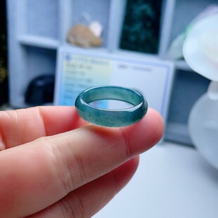 A货翡翠宽边戒指蓝绿飘花20.6mm天然老坑玉指环意境清新显白24