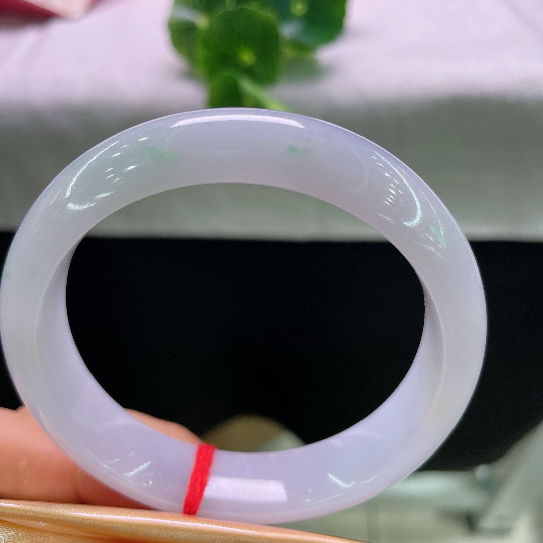 天然A货翡翠宽边手镯淡紫飘绿59mm缅甸老坑紫韵绿影玉镯清新淡雅