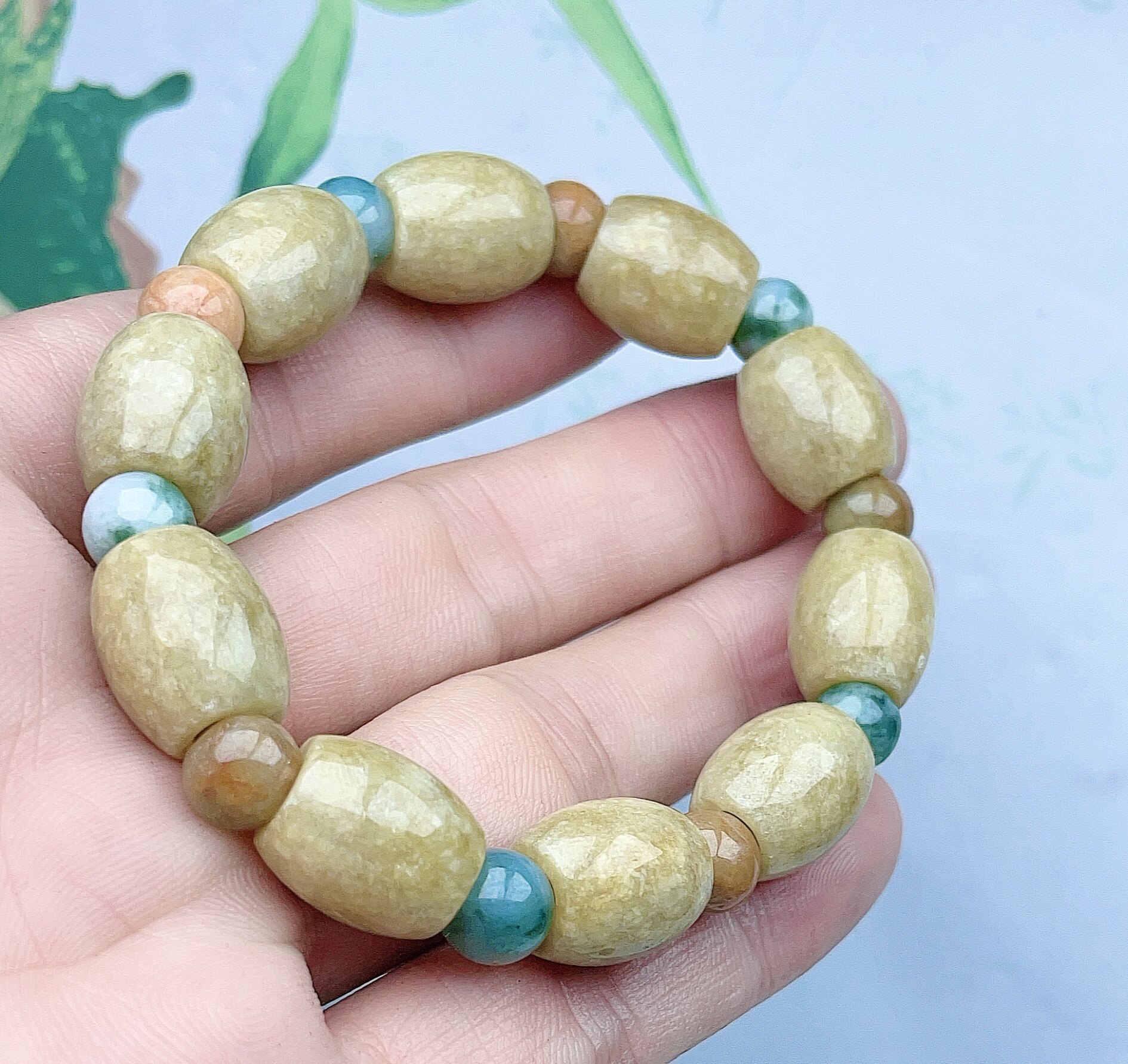 老坑飘花A货黄翡翠路路通手链天然多彩玉石桶珠手串手持一路畅通