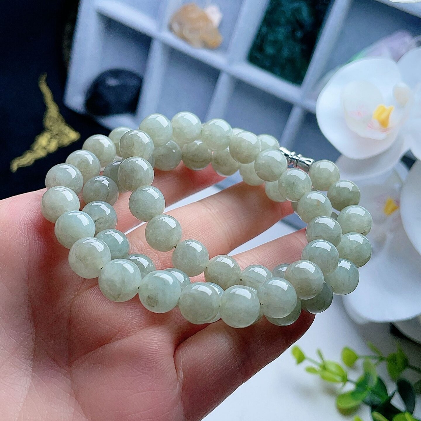 天然翡翠圆珠项链淡黄绿飘花意境