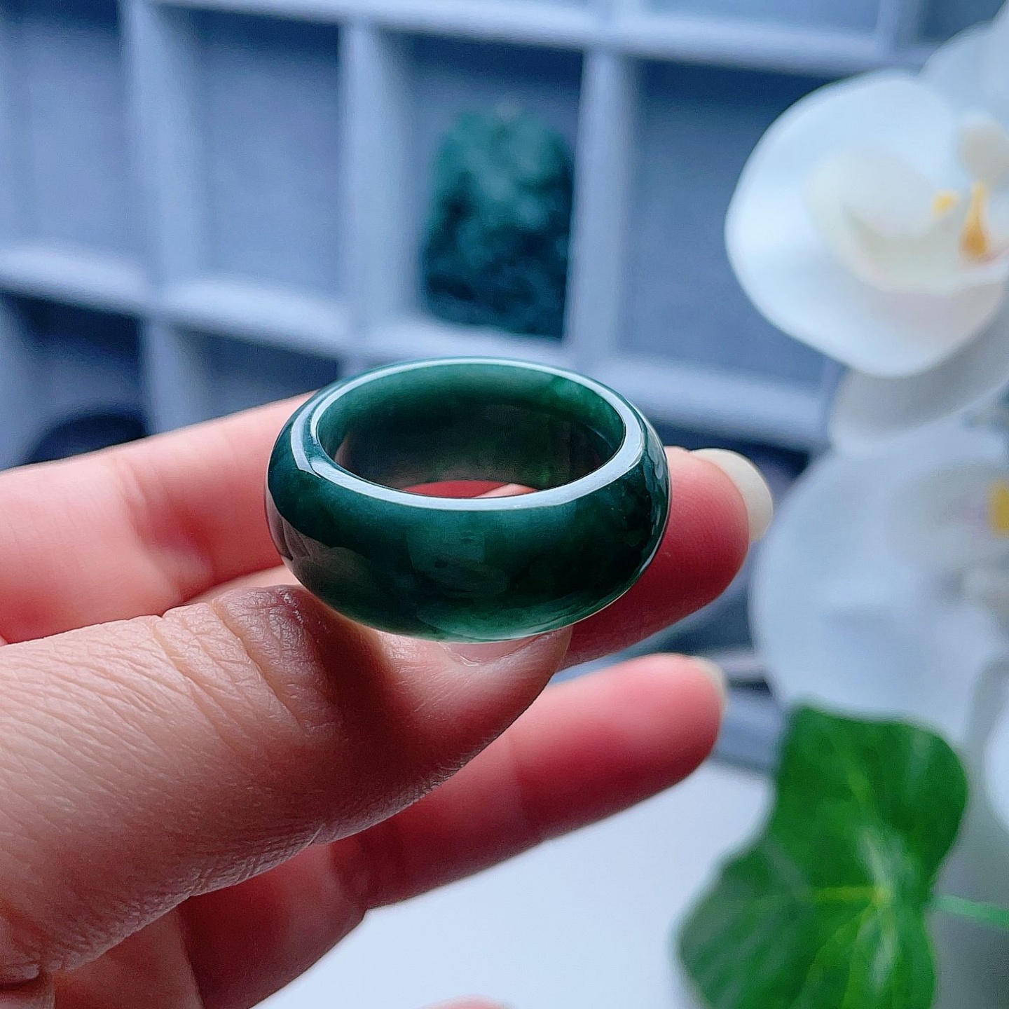 天然翡翠宽边戒指深色蓝绿飘花