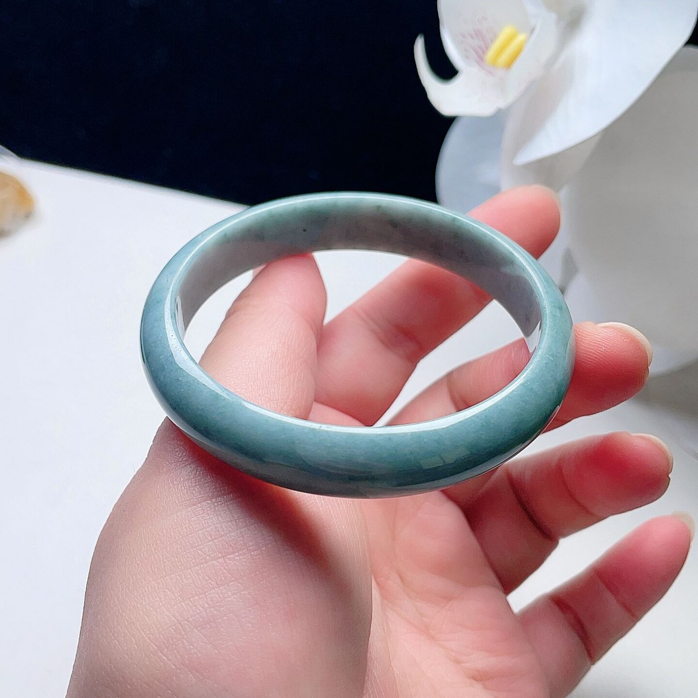 天然翡翠糯种手镯灰晴蓝绿飘花