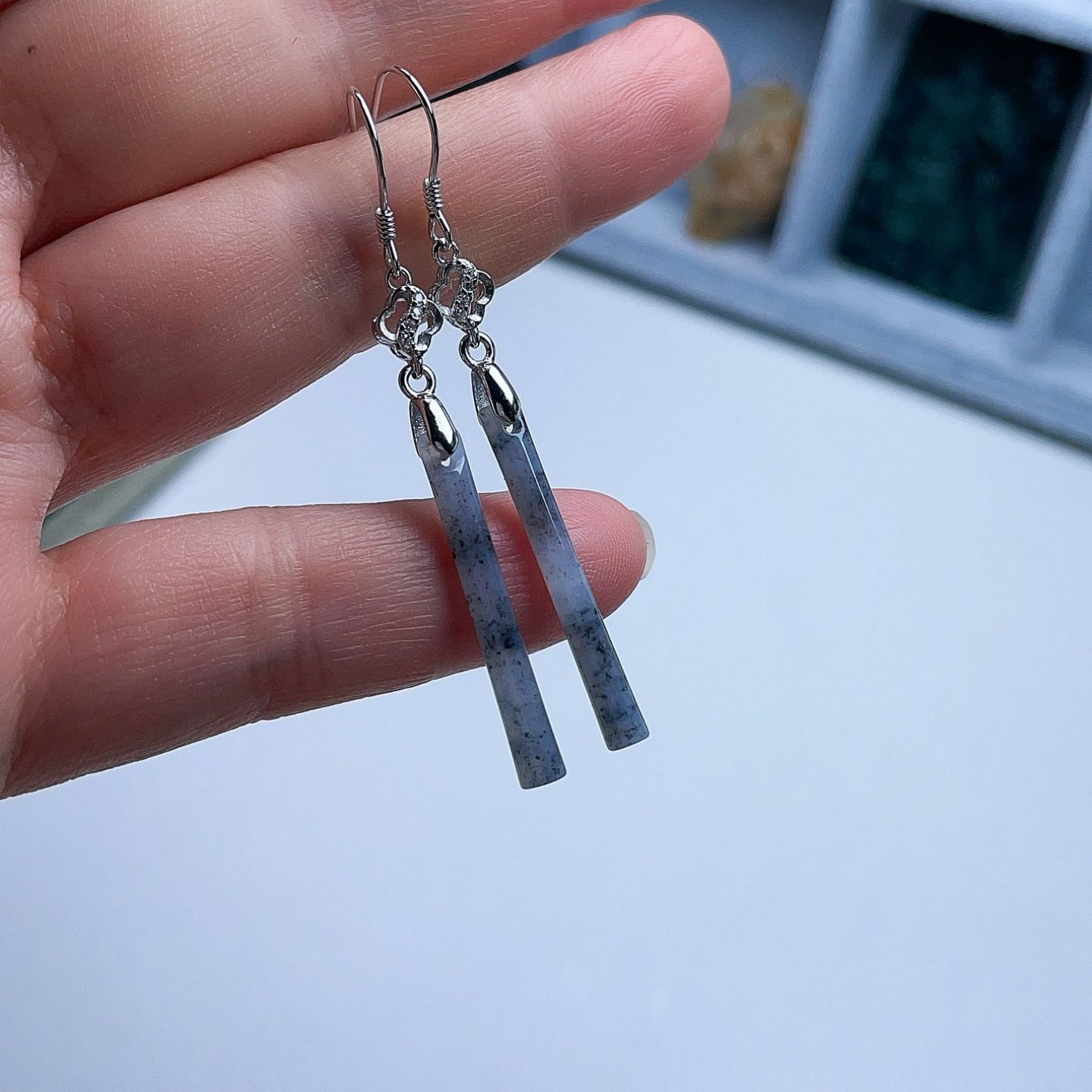 A货翡翠风铃耳环蓝绿晴水灰黑乌鸡天然老坑小圆条嵌925银耳饰柱子