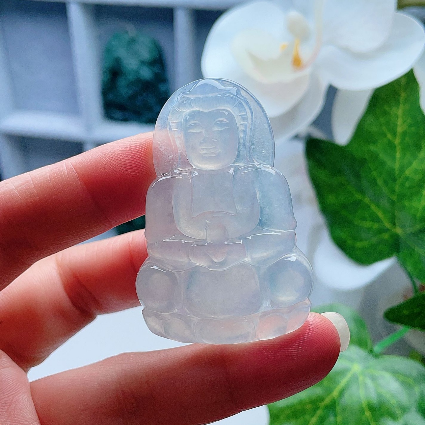 天然A货翡翠冰种观音吊坠月光白缅甸老坑托瓶观世音挂坠吉祥如意