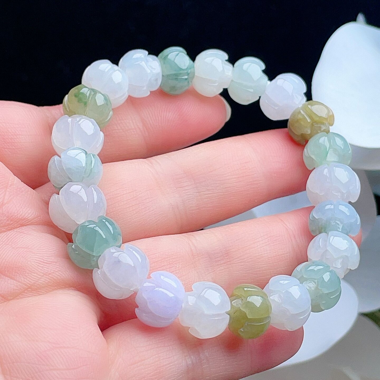 天然翡翠莲花手链乳白淡紫黄绿