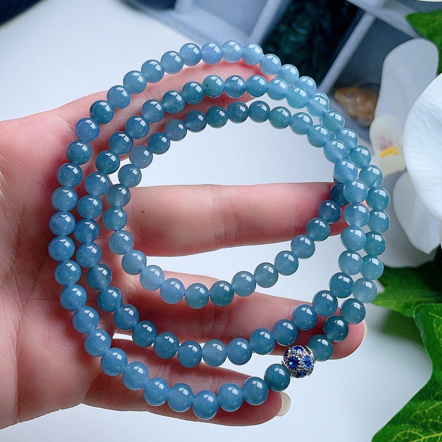 A货翡翠天空蓝一点绿底烟紫蓝项链天然老坑圆珠链清新优雅意境