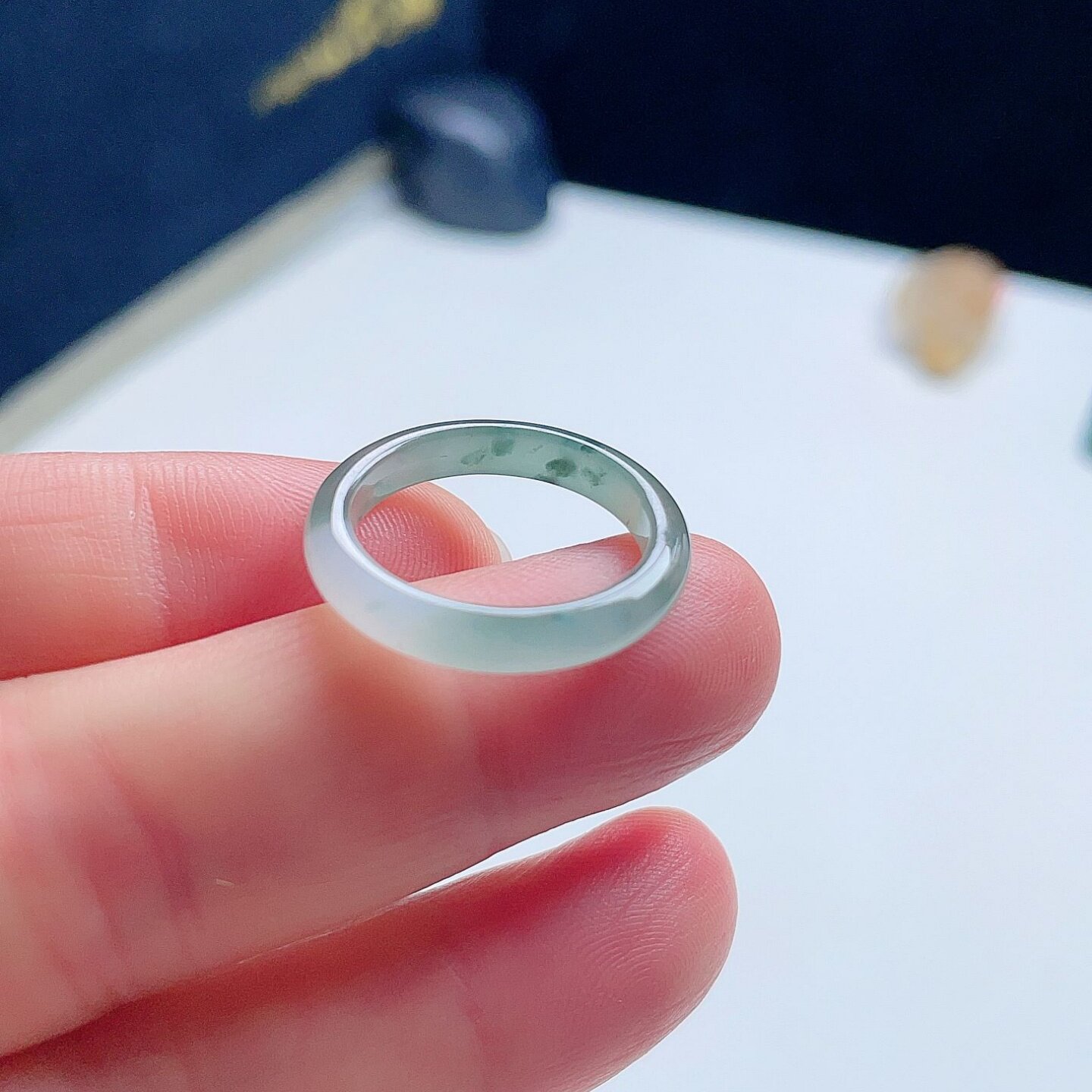 天然A货翡翠戒指乳白油青绿飘花17.8mm缅甸老坑玉指环意境儒雅16#