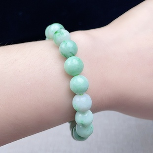 缅甸A货翡翠阳绿手链10mm天然老坑乳白飘阳绿玉手串念珠把玩中式