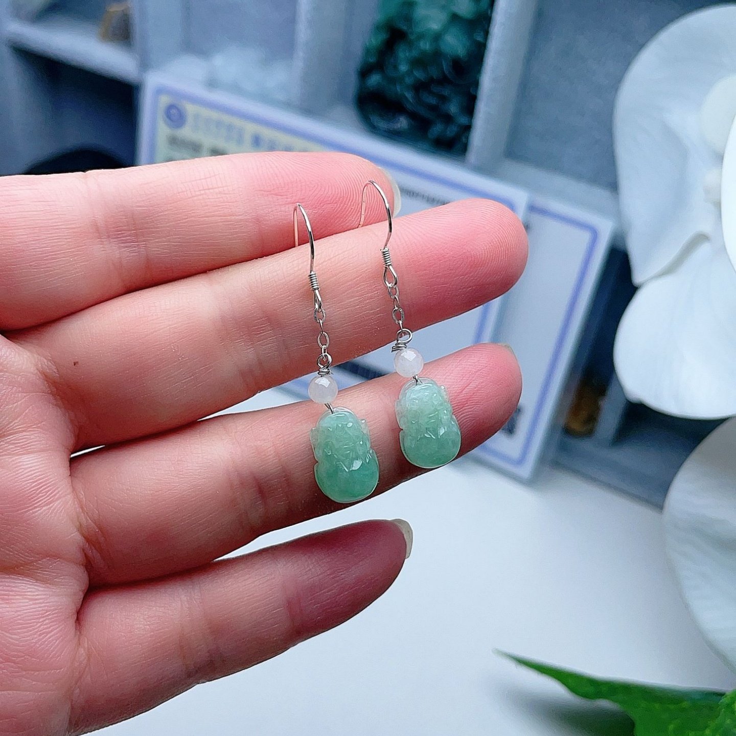 天然A货翡翠小貔貅耳环一对阳绿缅甸老坑皮丘耳坠镶嵌925银吉祥