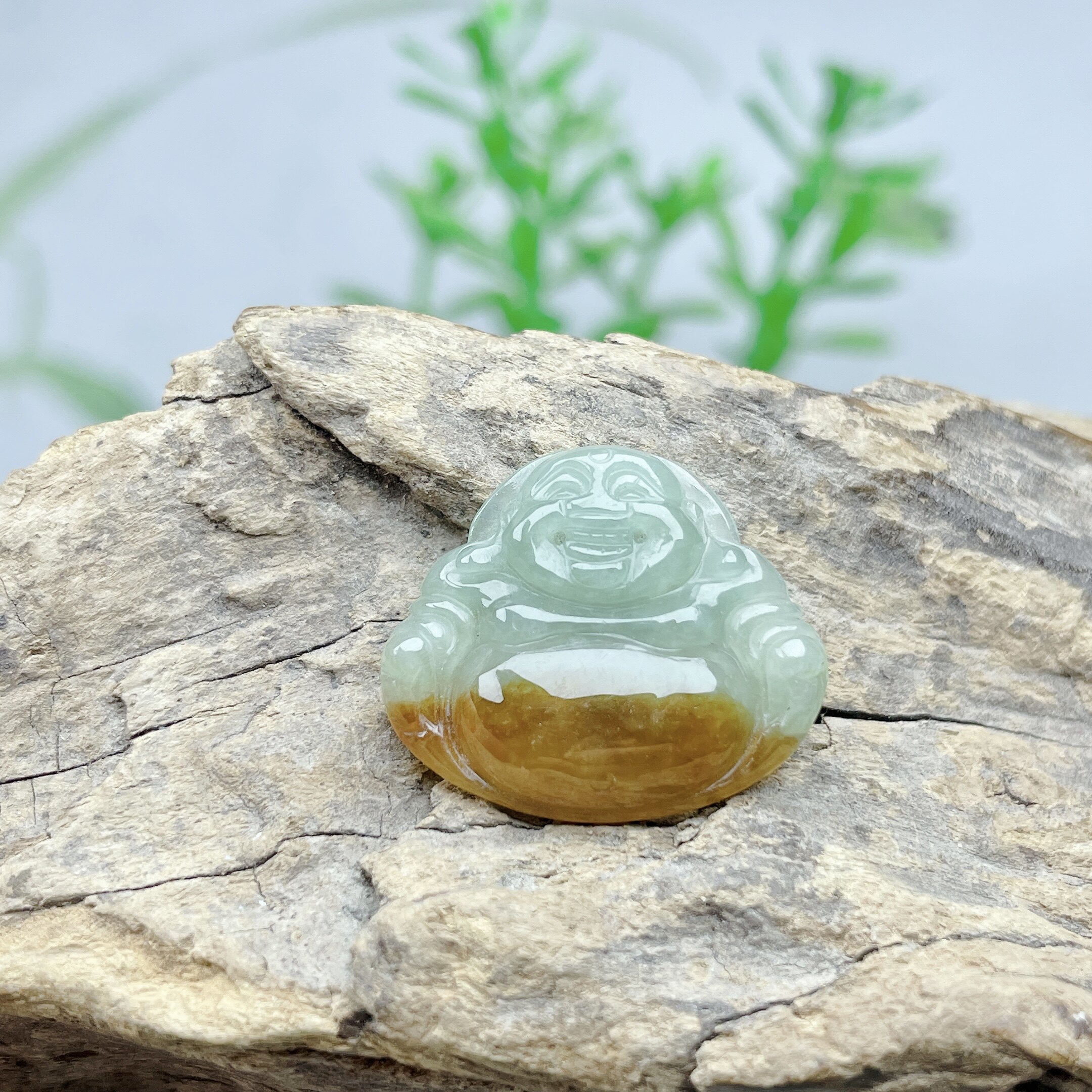 双彩笑佛吊坠黄翡忠贤天然A货