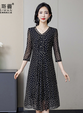 凯斯曼2025春季新品中老年女装大码秋显瘦黑色波点弹力连衣裙A012