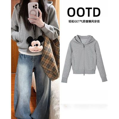 浅灰色复古修身短款开衫外套秋冬加绒美式重磅休闲百搭连帽卫衣女