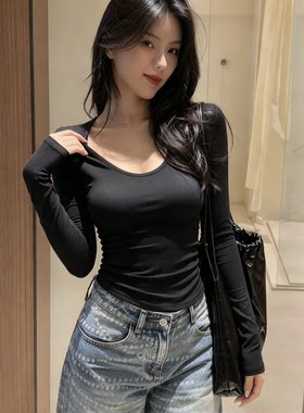 韩版新款U领修身黑色打底衫秋冬正肩长袖t恤女士内搭百搭显瘦上衣