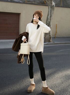 白色加厚磨毛内搭打底衫秋冬保暖双面德绒圆领宽松长袖上衣T恤衫