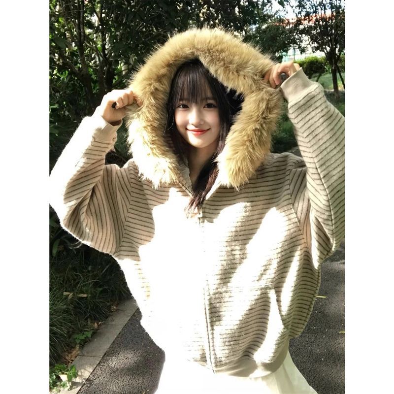 连帽撞色条纹宽松慵懒外套美式复古重磅拼接毛领秋冬加绒开衫卫衣