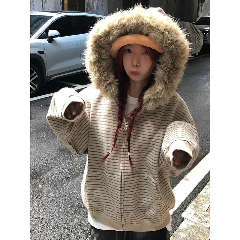 慵懒条纹撞色毛领开衫外套秋冬美式复古重磅休闲百搭加绒连帽卫衣