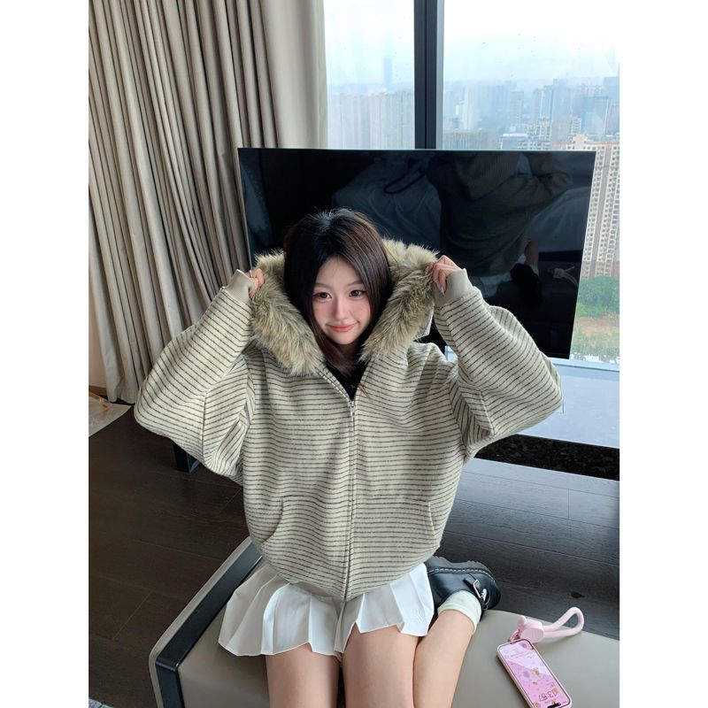 撞色毛领设计感条纹开衫外套秋冬美式重磅加绒宽松慵懒连帽卫衣女