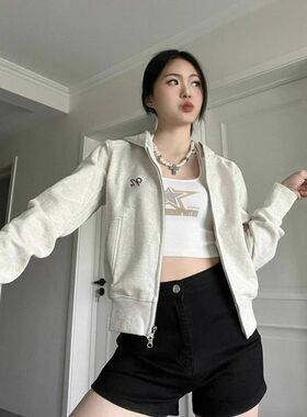 美式重磅设计感双拉链开衫外套秋冬加绒修身短款印花百搭连帽卫衣