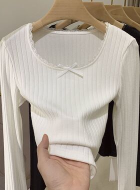 纯欲甜辣妹蕾丝拼接内搭打底衫白色秋冬修身短款蝴蝶结长袖上衣女