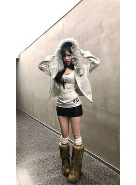 美式高街毛领短款修身开衫外套秋冬加绒休闲百搭双拉链连帽卫衣女