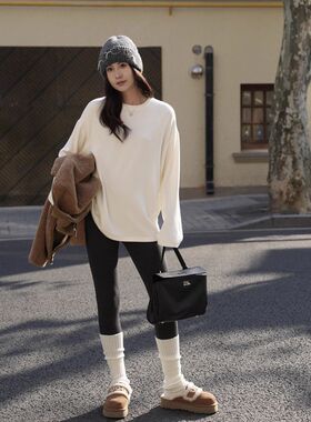 秋冬加厚双面磨毛长袖T恤衫圆领保暖白色宽松内搭打底衫德绒上衣