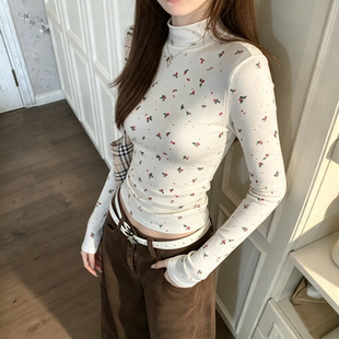 秋冬韩版新款印花碎花半高领长袖t恤女士修身显瘦内搭打底衫上衣