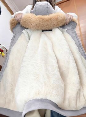 浅灰色可拆卸毛领连帽卫衣加绒加厚外套冬季羊羔绒保暖座山雕棉服