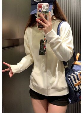 杏色重磅简约瑜伽运动连帽卫衣秋冬新款休闲百搭设计感开衫外套女