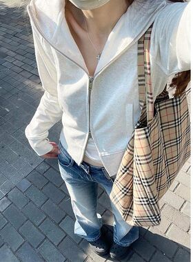 白灰色重磅复古短款开衫外套秋冬美式加绒休闲百搭双拉链连帽卫衣