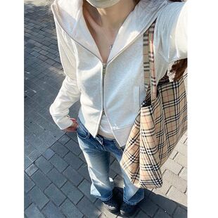 白灰色重磅复古短款开衫外套秋冬美式加绒休闲百搭双拉链连帽卫衣