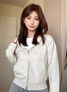 灰色修身短款双拉链开衫外套美式重磅秋冬加绒休闲百搭连帽卫衣女