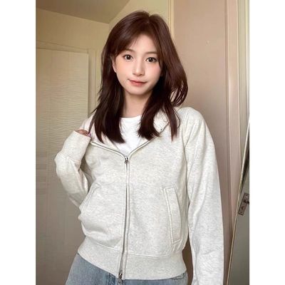 灰色修身短款双拉链开衫外套美式重磅秋冬加绒休闲百搭连帽卫衣女