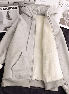 白灰色冬季羊羔绒加厚棉衣外套重磅慵懒秋冬加绒加厚拉链连帽卫衣