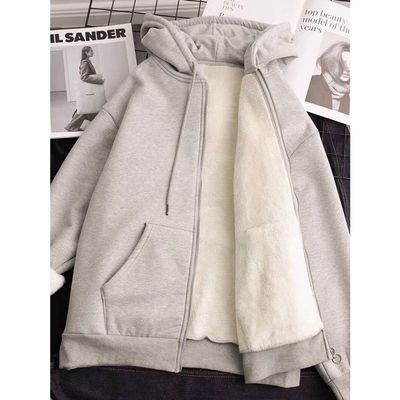 白灰色冬季羊羔绒加厚棉衣外套重磅慵懒秋冬加绒加厚拉链连帽卫衣